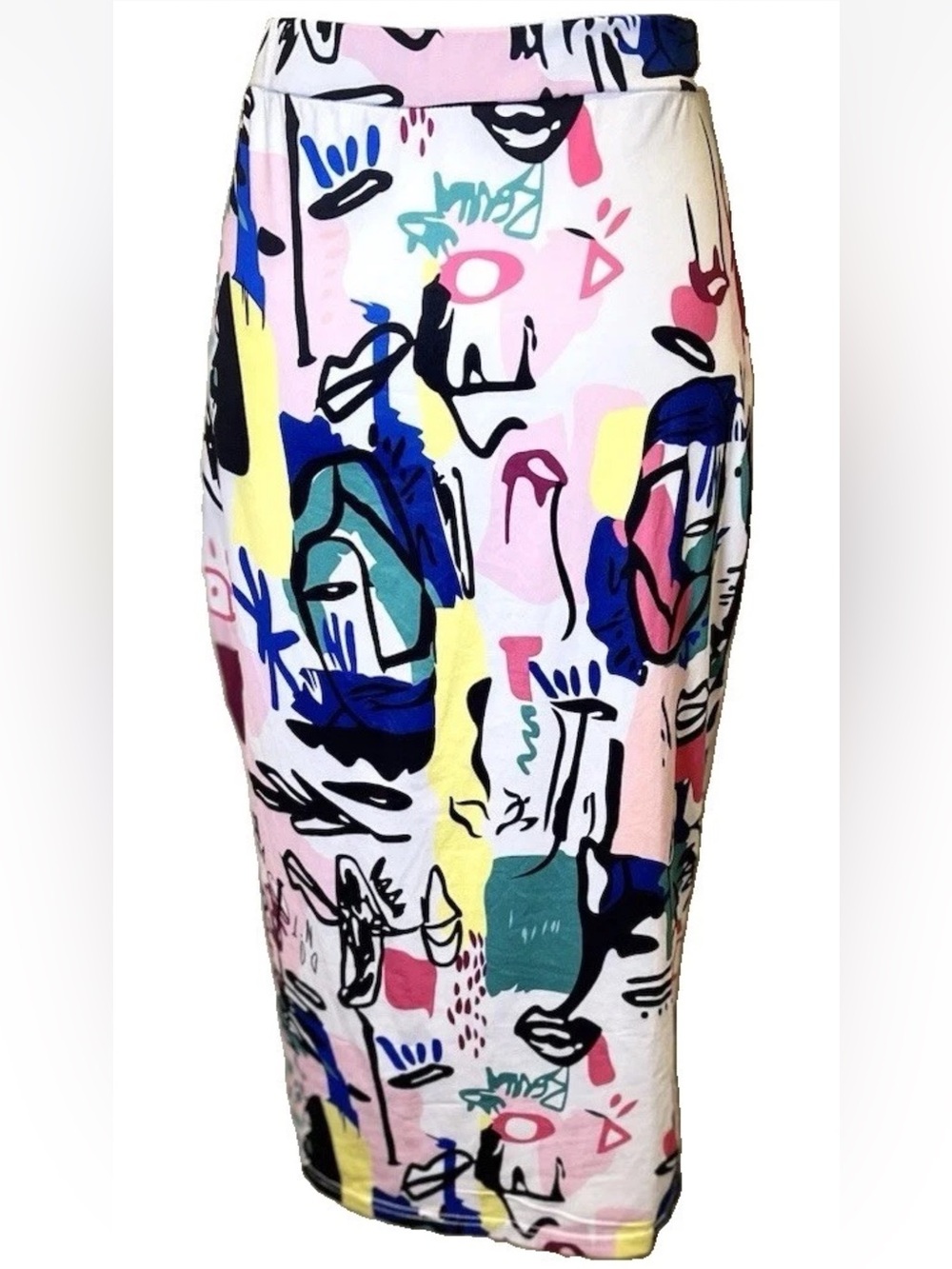 Abstract Face Print Midi Pencil Skirt Pop Art Colorful High Waisted Medium - Picture 5 of 5